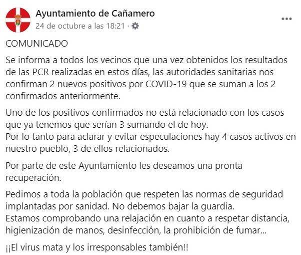 4 casos activos de COVID-19 (octubre 2020) - Cañamero (Cáceres)