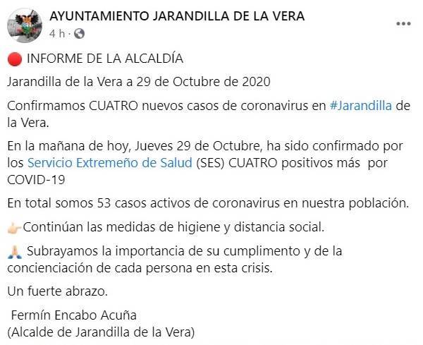 53 casos activos de COVID-19 (octubre 2020) - Jarandilla de la Vera (Cáceres)
