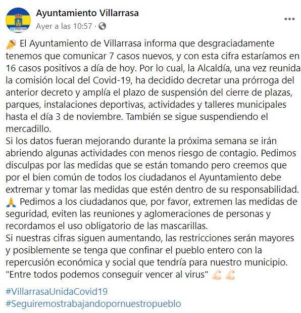 7 nuevos casos positivos de COVID-19 (octubre 2020) - Villarrasa (Huelva)