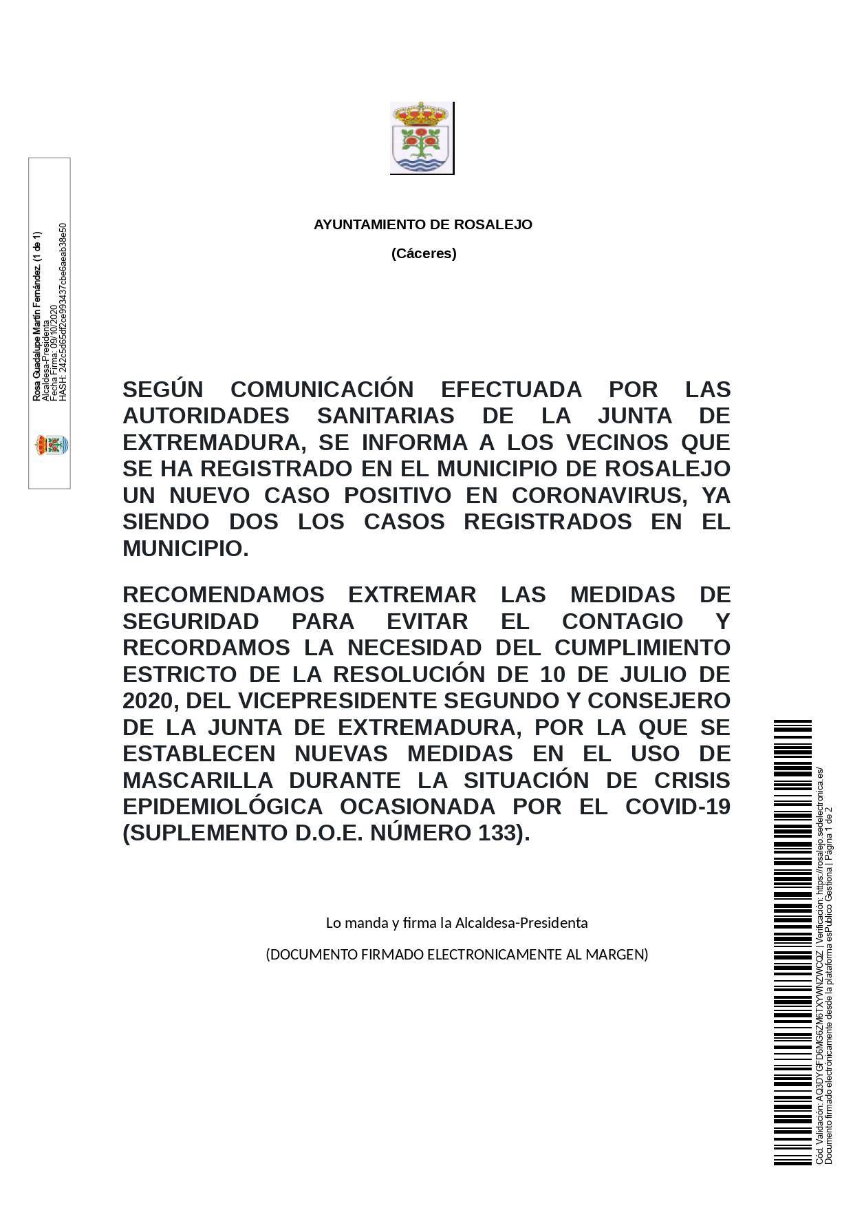 Dos casos activos de COVID-19 (octubre 2020) - Rosalejo (Cáceres)