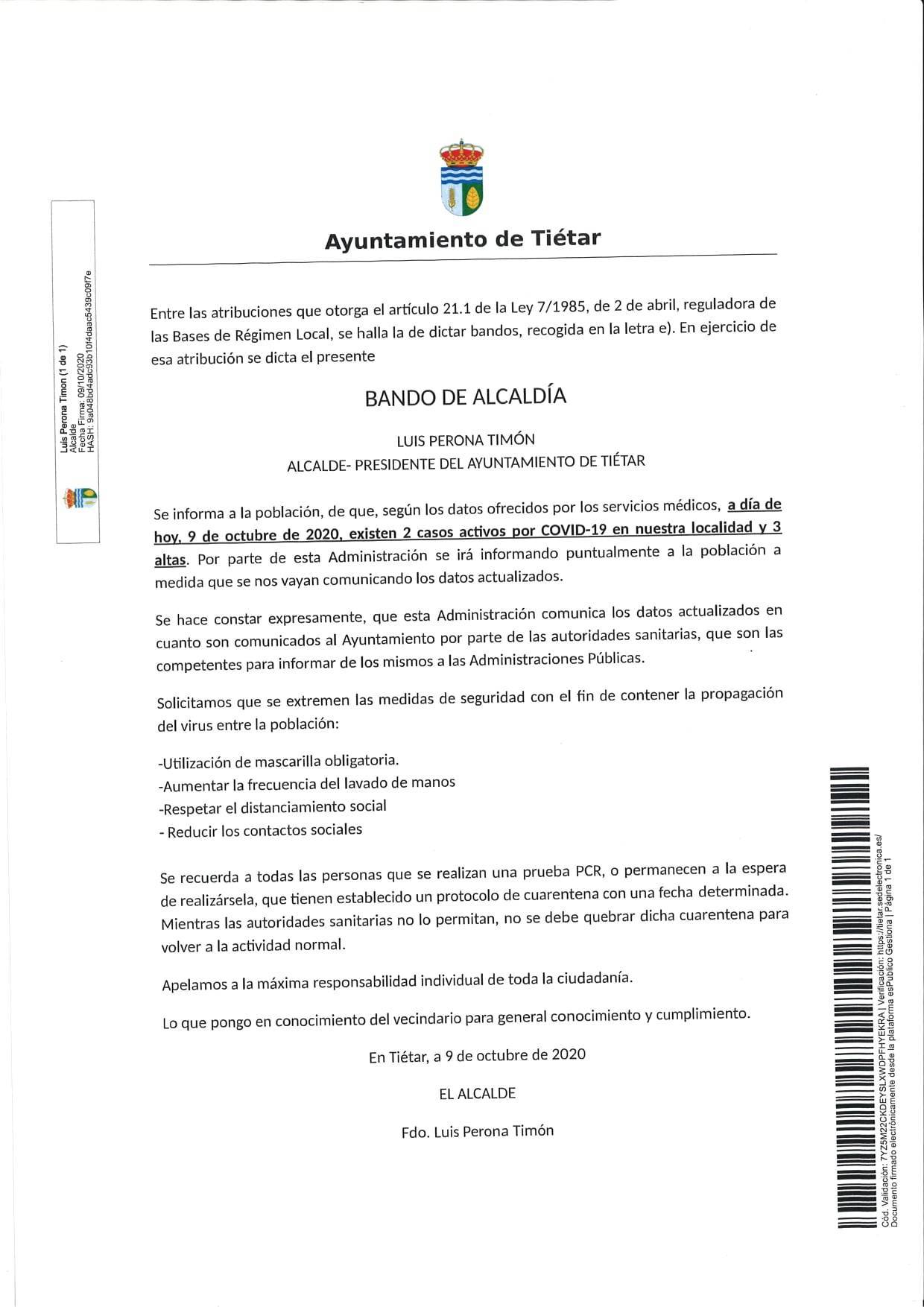Dos casos activos de COVID-19 (octubre 2020) - Tiétar (Cáceres)