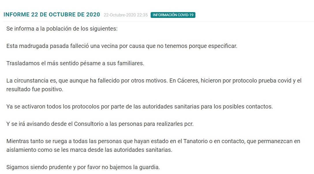 Un fallecido por COVID-19 (octubre 2020) - Madrigalejo (Cáceres)