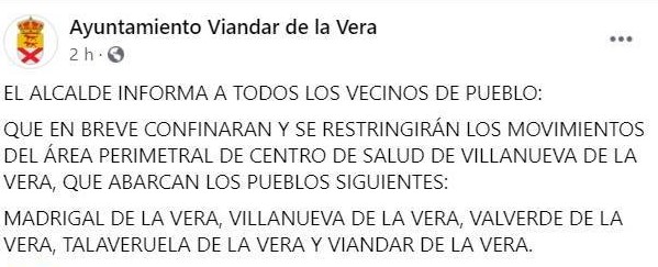Varios municipios de La Vera se confinarán (octubre 2020)