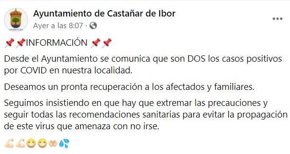2 nuevos casos positivos de COVID-19 (noviembre 2020) - Castañar de Ibor (Cáceres)