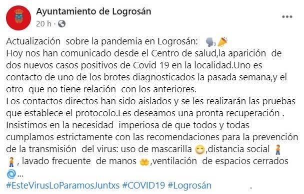 2 nuevos casos positivos de COVID-19 (noviembre 2020) - Logrosán (Cáceres)