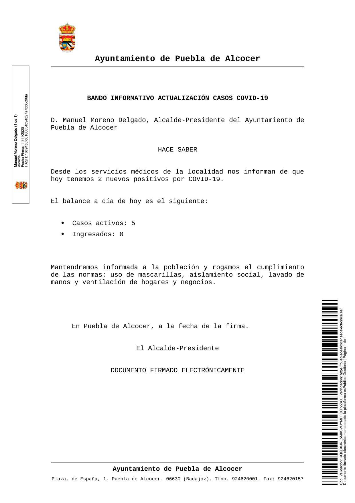 2 nuevos casos positivos de COVID-19 (noviembre 2020) - Puebla de Alcocer (Badajoz)