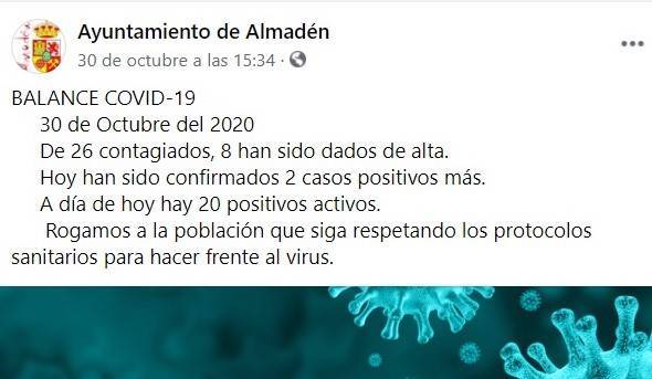 20 casos positivos activos de COVID-19 (octubre 2020) - Almadén (Ciudad Real)