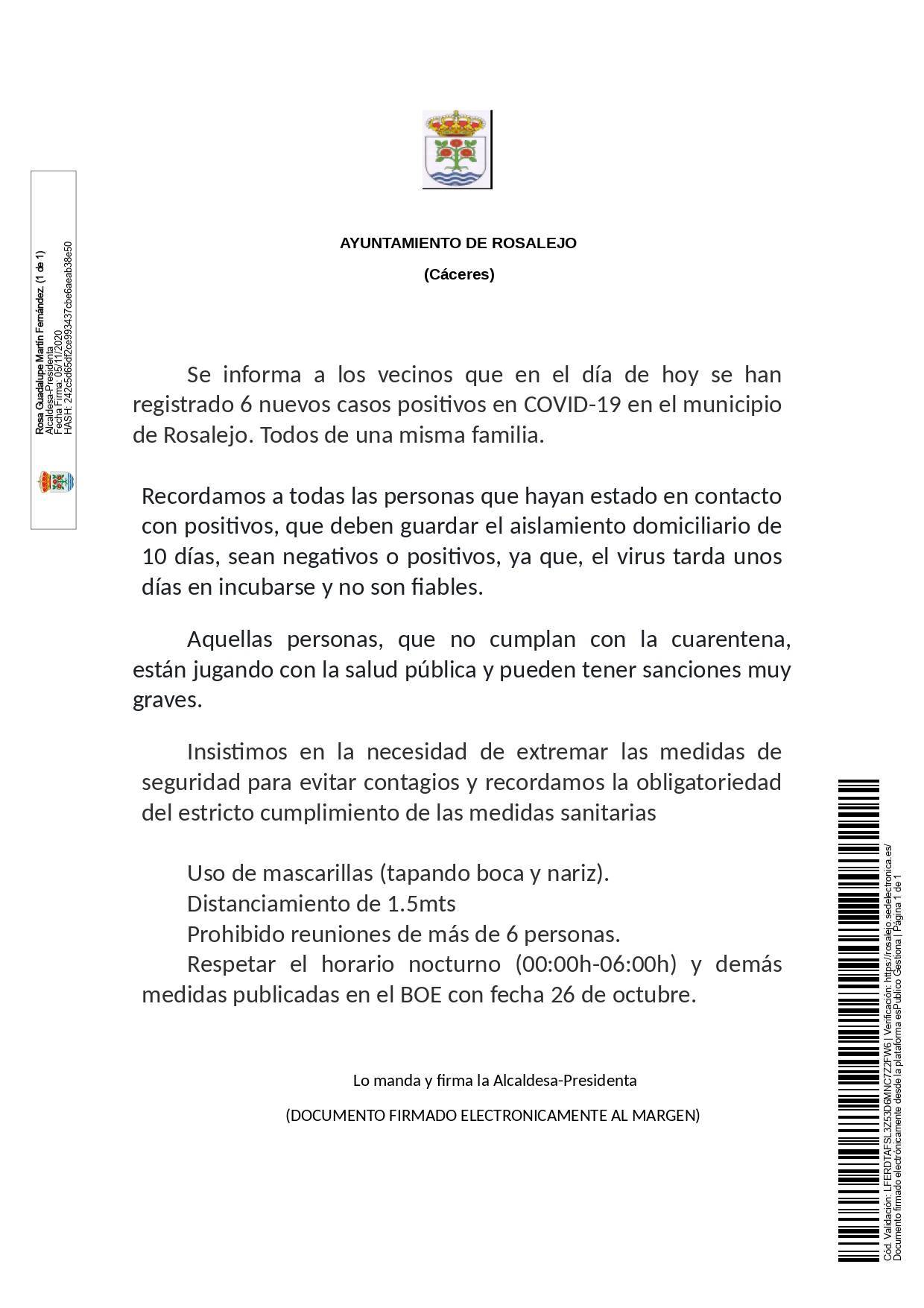 6 nuevos casos positivos de COVID-19 (noviembre 2020) - Rosalejo (Cáceres)
