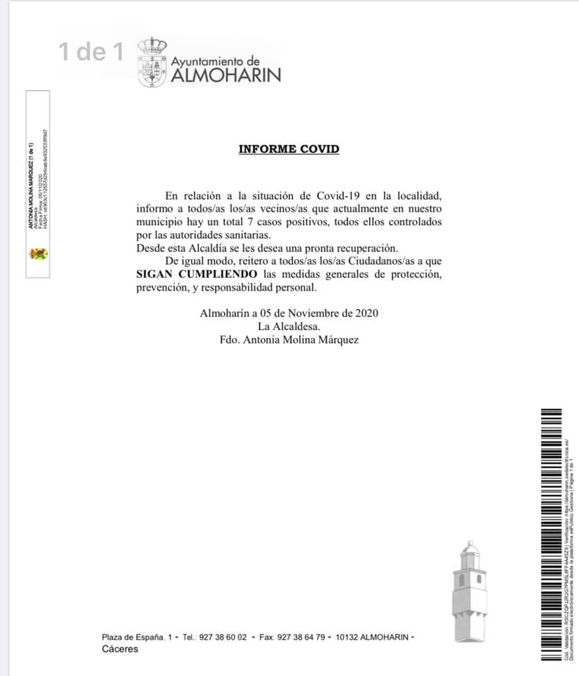 7 casos positivos activos de COVID-19 (noviembre 2020) - Almoharín (Cáceres)
