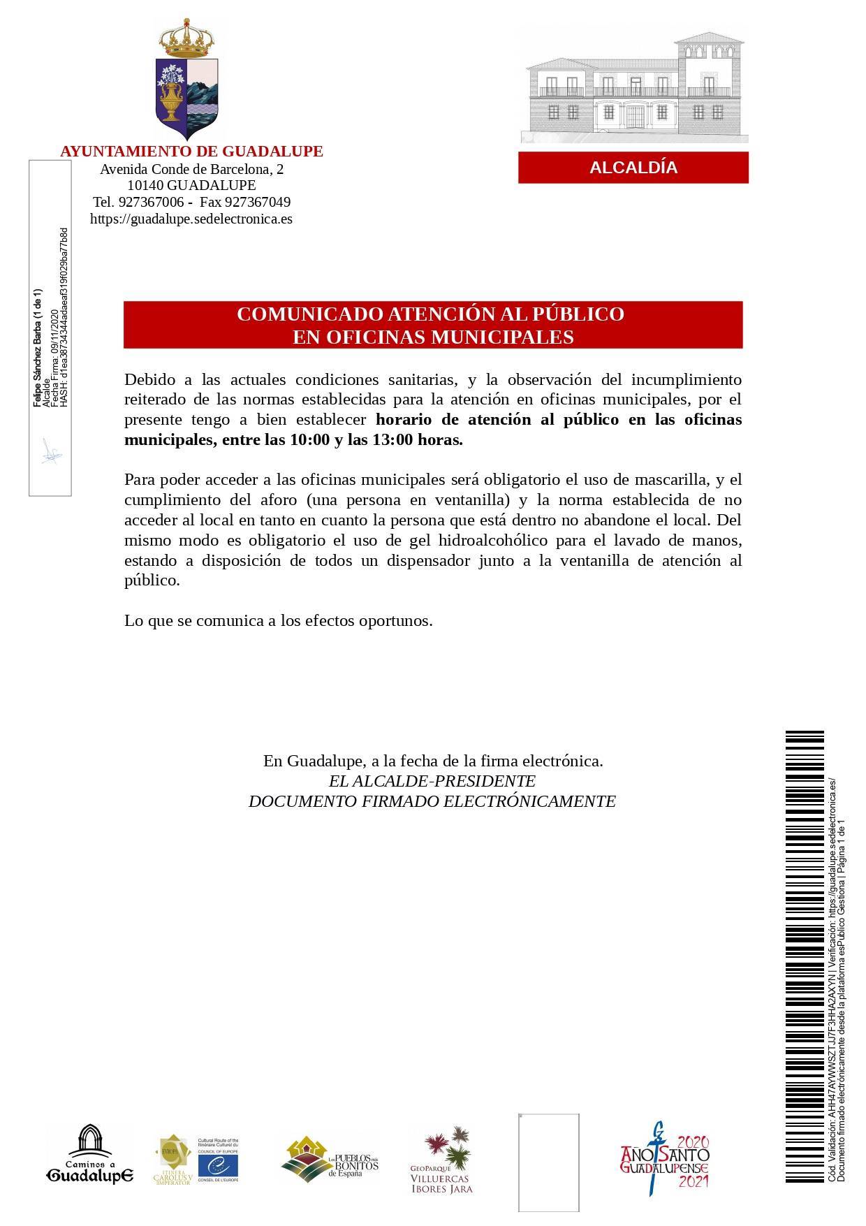 Cambio de horario de atención al público de las oficinas municipales (noviembre 2020) - Guadalupe (Cáceres)