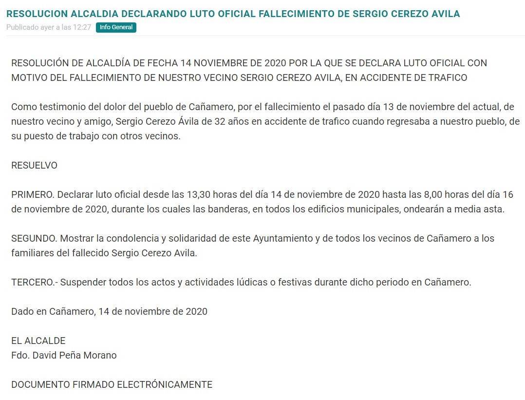 Luto oficial por el fallecimiento de un vecino (noviembre 2020) - Cañamero (Cáceres)