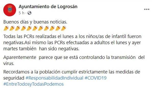 PCRs negativas de los niños-as de infantil (noviembre 2020) - Logrosán (Cáceres)