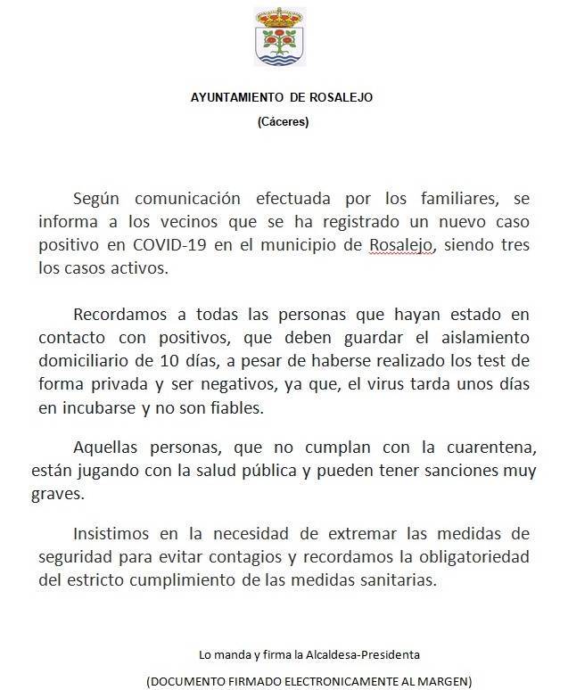 Un caso positivo de COVID-19 (octubre 2020) - Rosalejo (Cáceres)