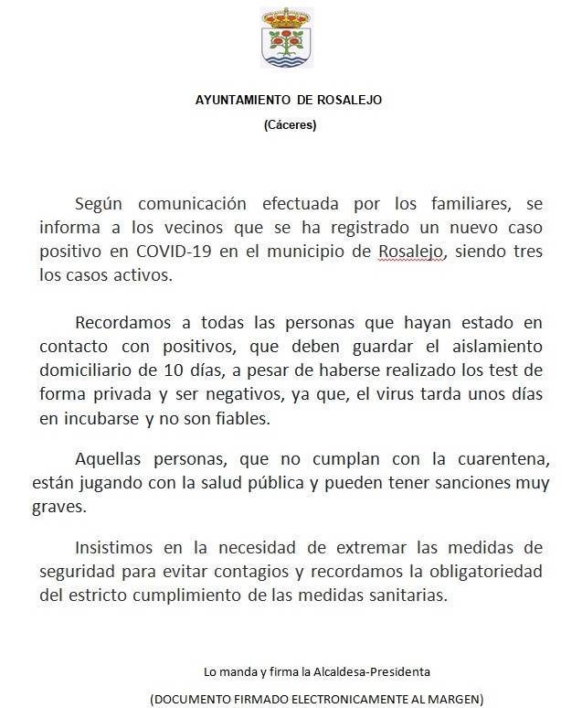 Un caso positivo de COVID-19 (octubre 2020) - Rosalejo (Cáceres)