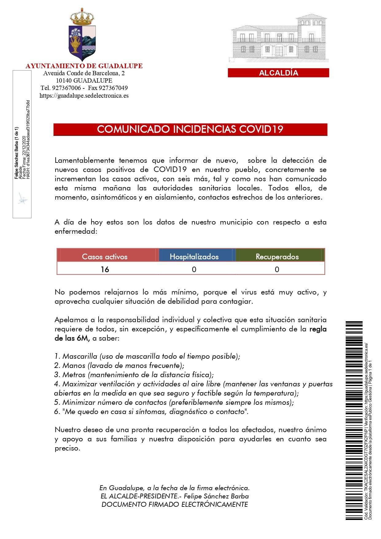 16 casos positivos activos de COVID-19 (diciembre 2020) - Guadalupe (Cáceres)