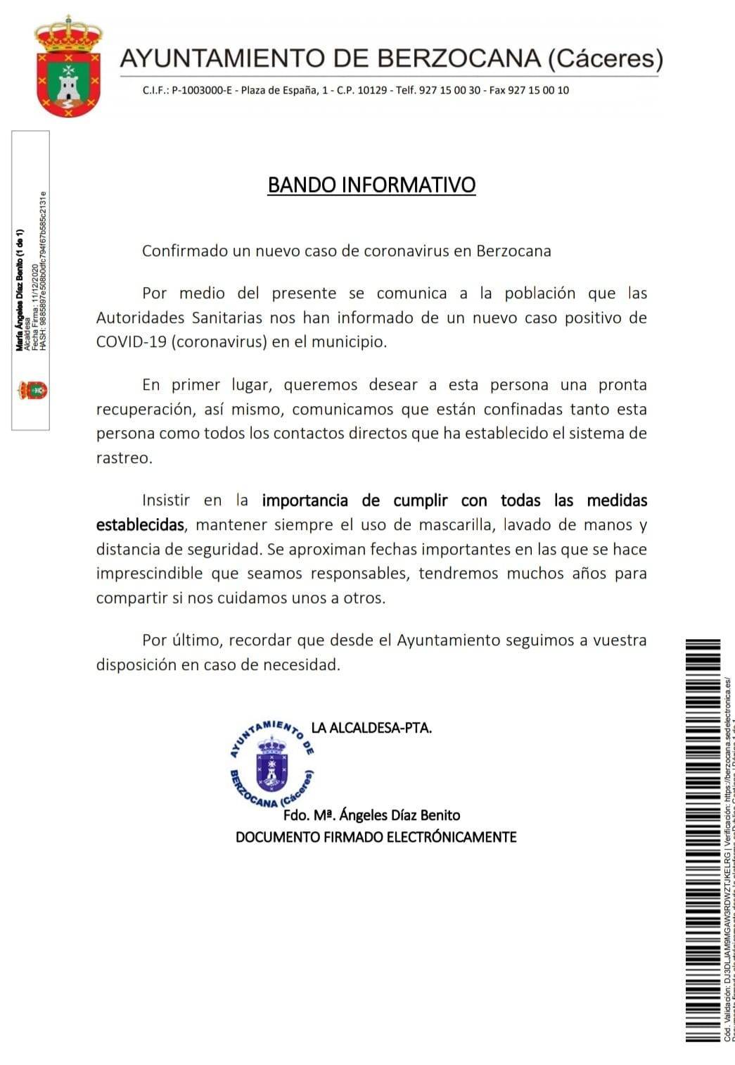 2 casos positivos de COVID-19 (diciembre 2020) - Berzocana (Cáceres) 1