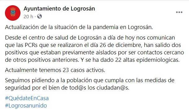 2 nuevos positivos y 22 altas de COVID-19 (diciembre 2020) - Logrosán (Cáceres)