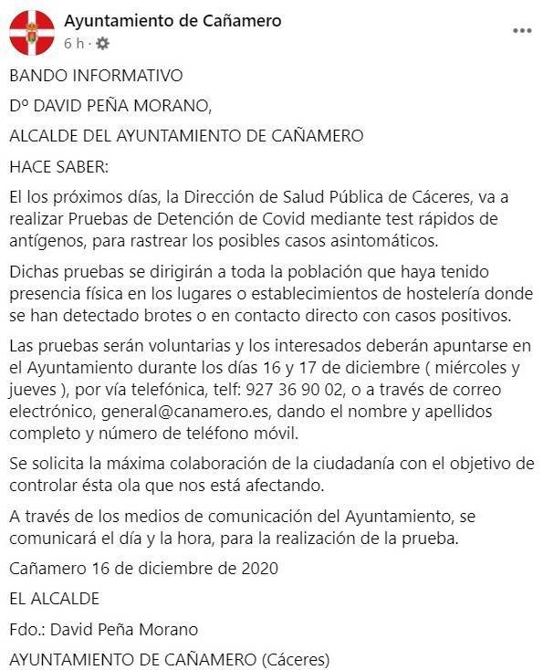 31 casos positivos activos de COVID-19 (diciembre 2020) - Cañamero (Cáceres)