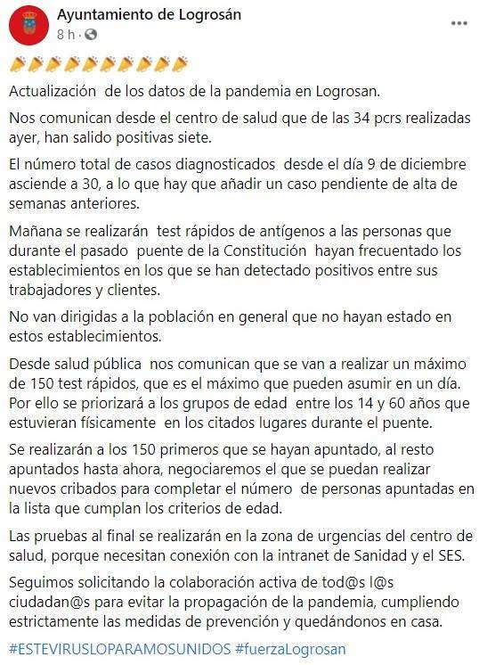 31 casos positivos activos de COVID-19 (diciembre 2020) - Logrosán (Cáceres) 1