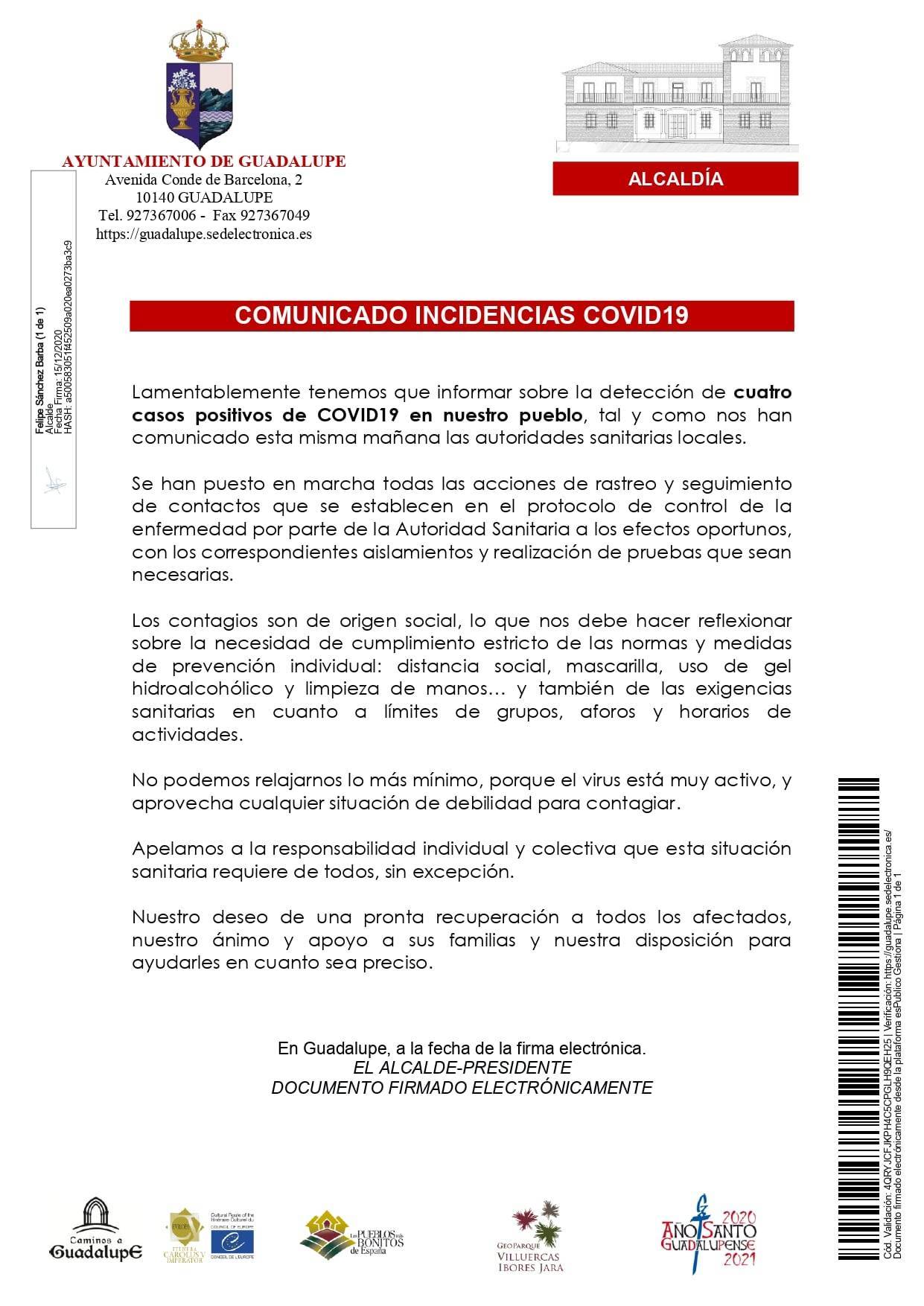 4 casos positivos de COVID-19 (diciembre 2020) - Guadalupe (Cáceres)