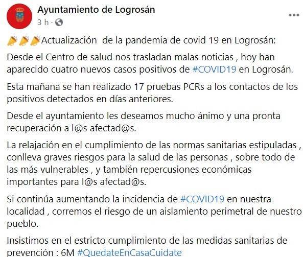 4 nuevos casos positivos de COVID-19 (diciembre 2020) - Logrosán (Cáceres)