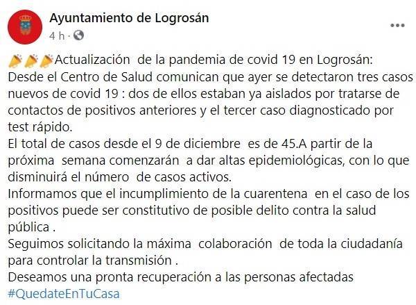 45 casos positivos activos de COVID-19 (diciembre 2020) - Logrosán (Cáceres)