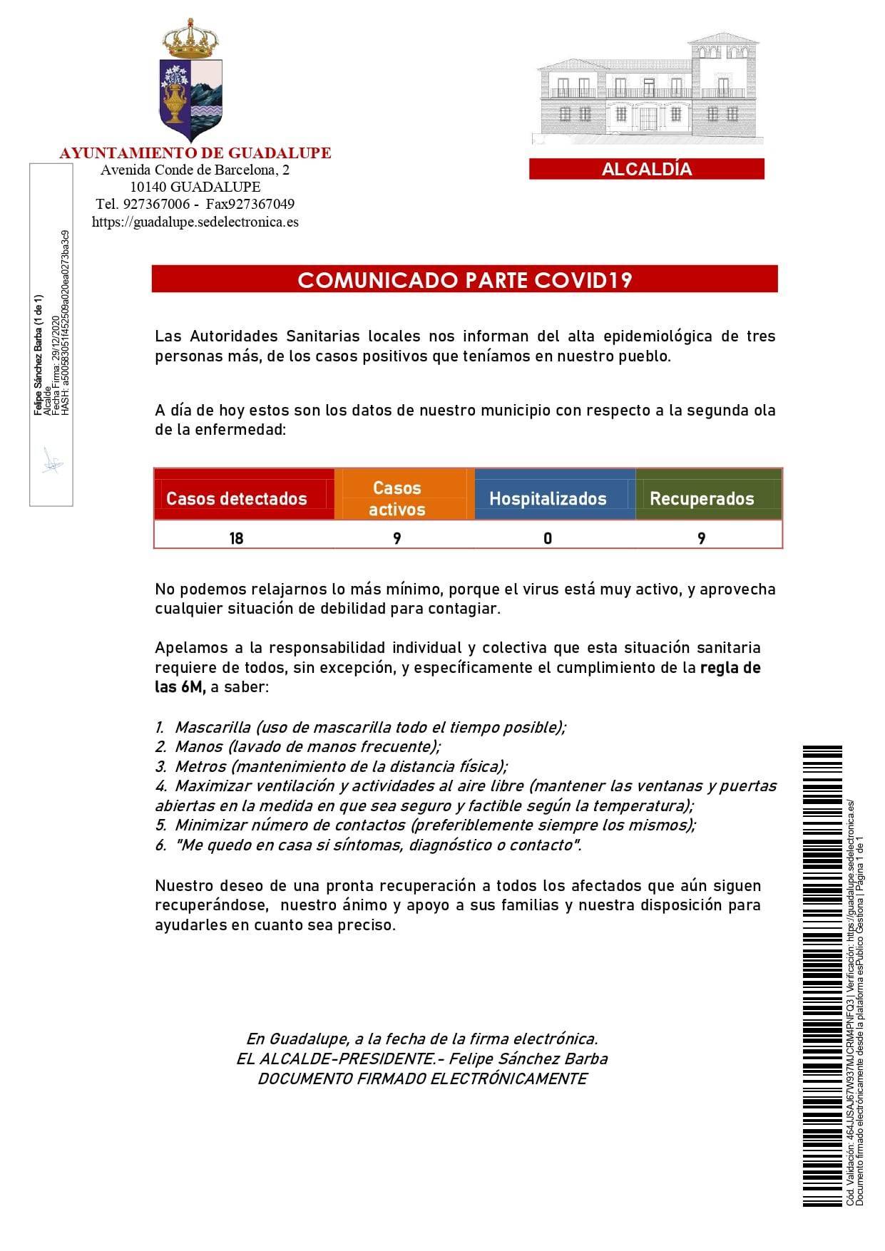 5 nuevos positivos y 3 nuevas altas de COVID-19 (diciembre 2020) - Guadalupe (Cáceres) 2