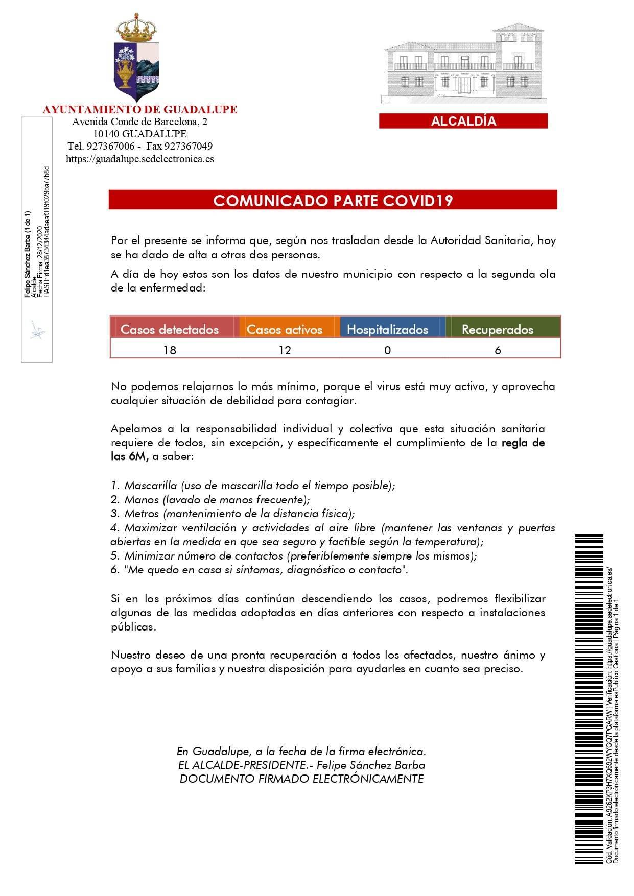 6 recuperados de COVID-19 (diciembre 2020) - Guadalupe (Cáceres)