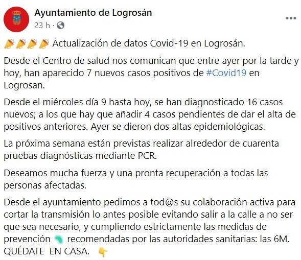7 nuevos casos positivos de COVID-19 (diciembre 2020) - Logrosán (Cáceres)
