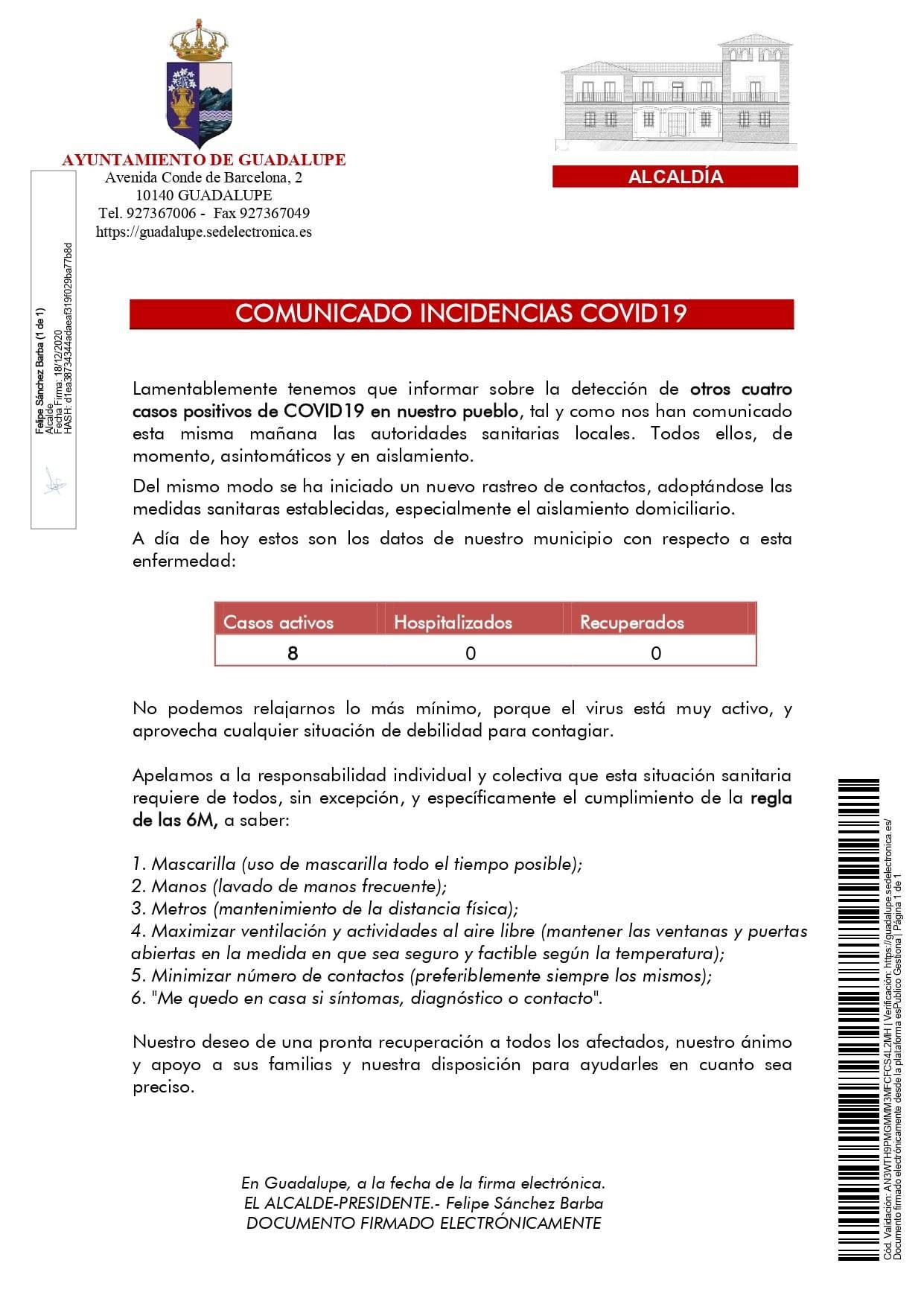 8 casos positivos activos de COVID-19 (diciembre 2020) - Guadalupe (Cáceres)