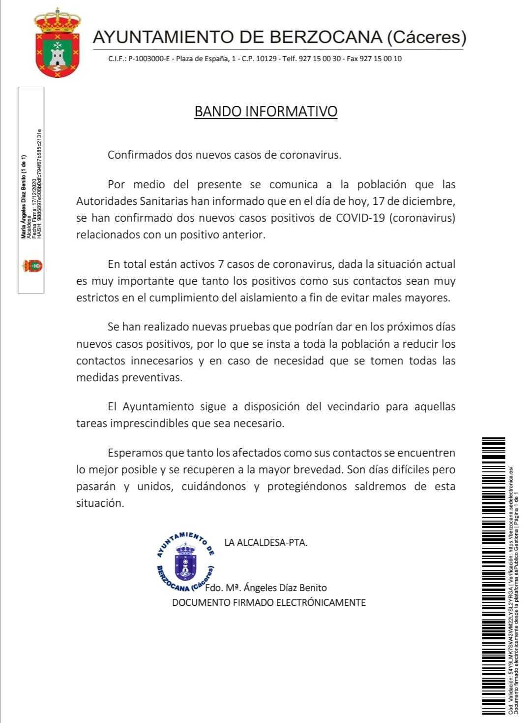 9 casos positivos activos de COVID-19 (diciembre 2020) - Berzocana (Cáceres) 1