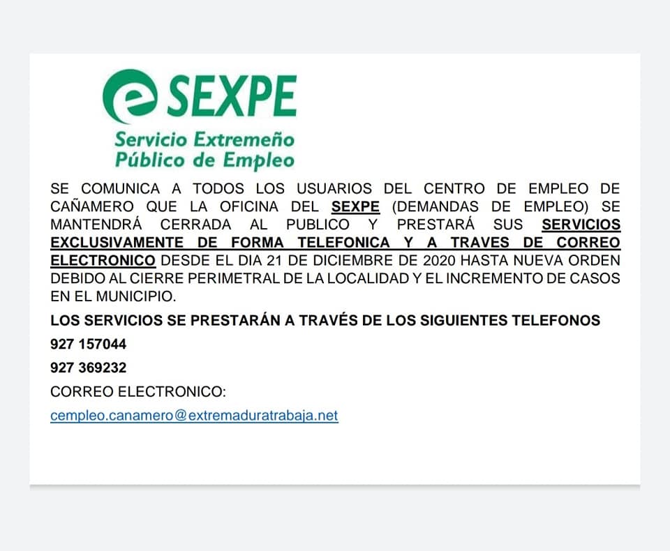 El SEXPE y SEPE cerrarán al público por el COVID-19 (diciembre 2020) - Cañamero (Cáceres) 1
