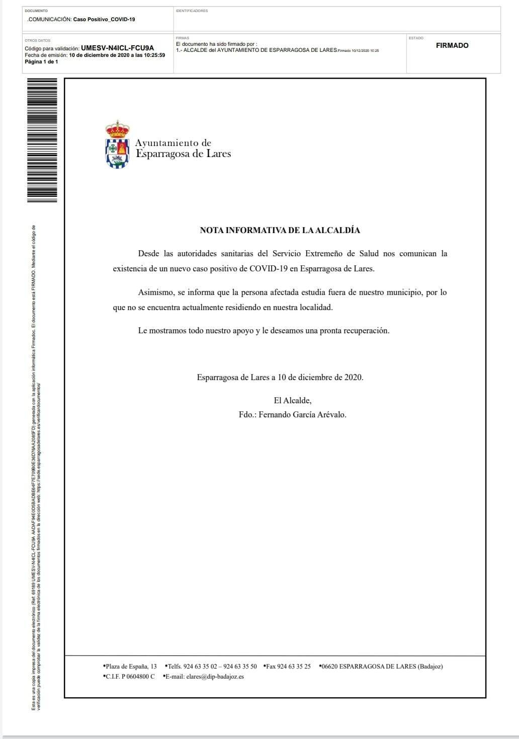 Nuevo caso positivo de COVID-19 (diciembre 2020) - Esparragosa de Lares (Badajoz)