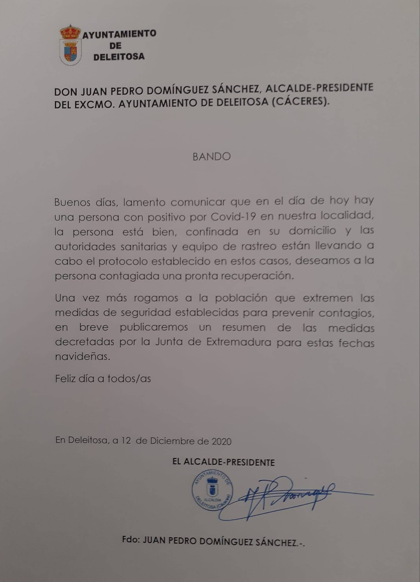 Un caso positivo de COVID-19 (diciembre 2020) - Deleitosa (Cáceres)