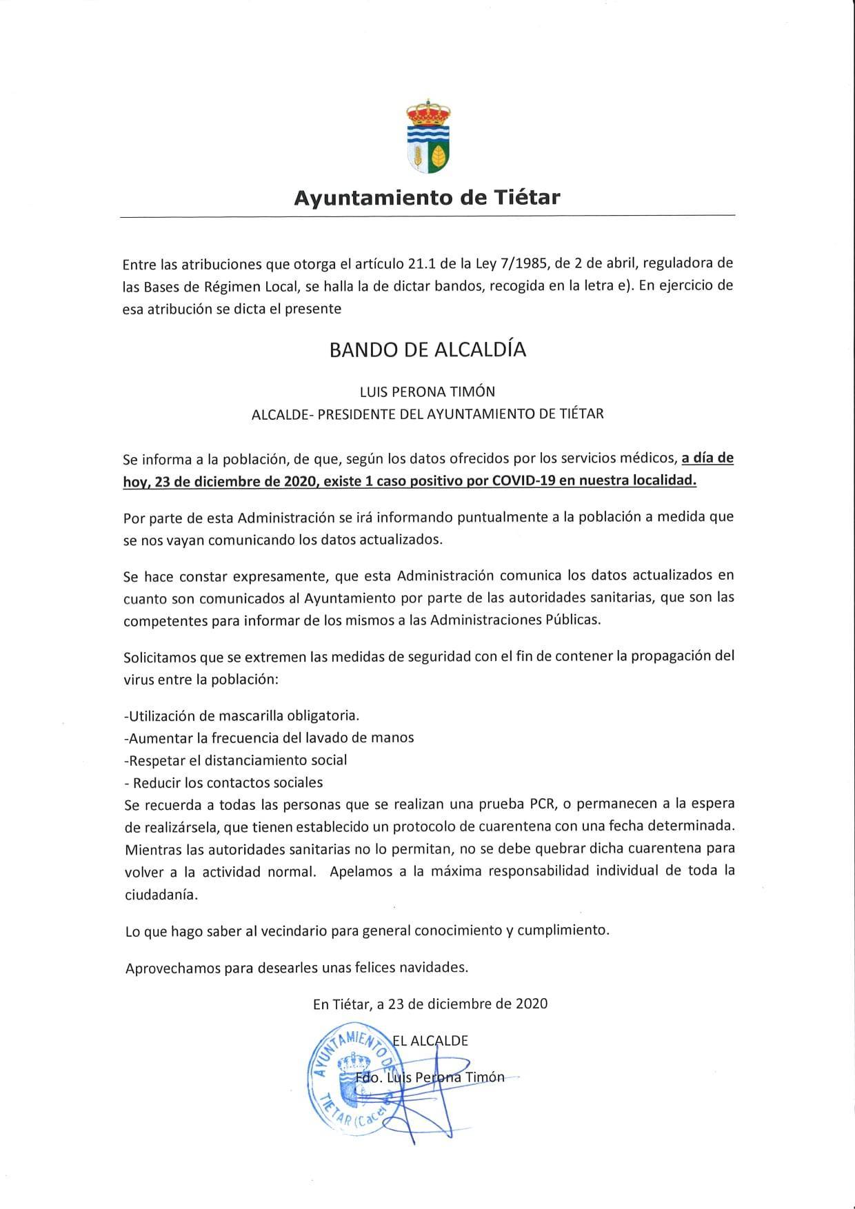 Un caso positivo de COVID-19 (diciembre 2020) - Tiétar (Cáceres)