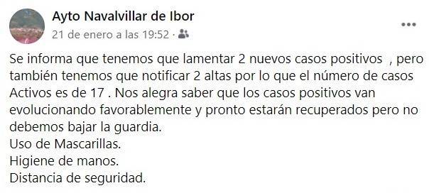 17 casos positivos activos de COVID-19 (enero 2021) - Navalvillar de Ibor (Cáceres)