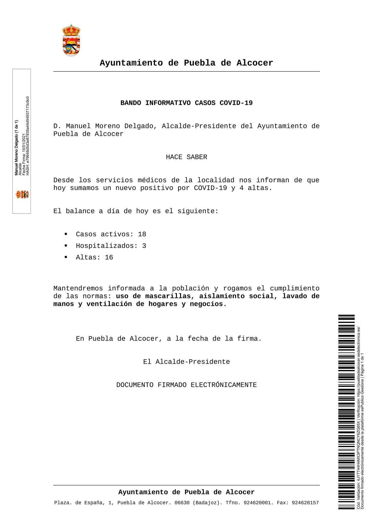 18 casos positivos activos de COVID-19 (enero 2021) - Puebla de Alcocer (Badajoz)