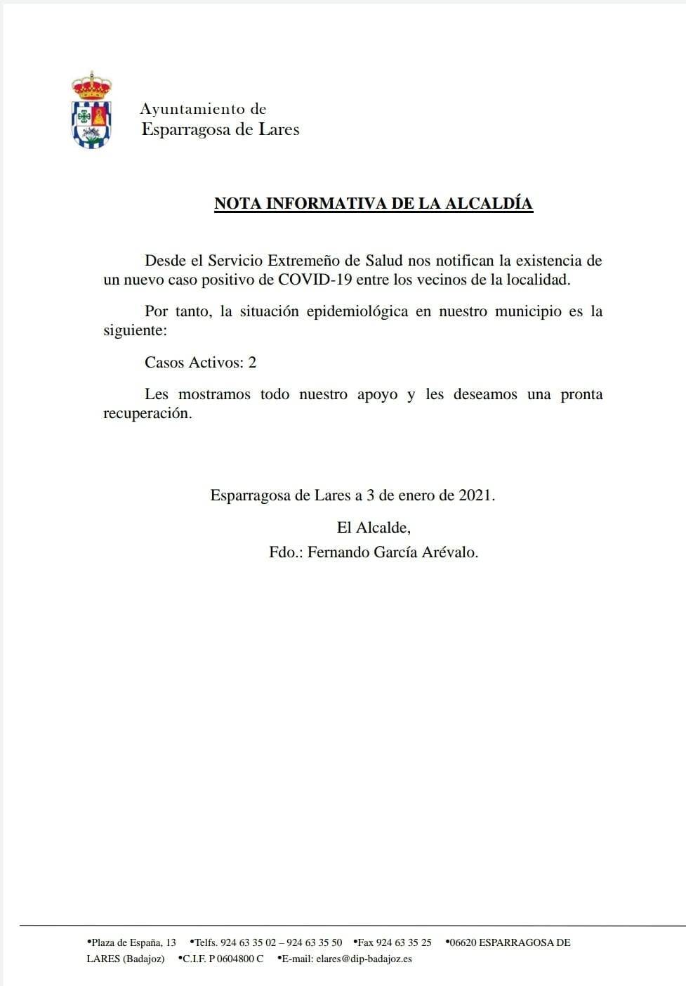 2 casos positivos activos de COVID-19 (enero 2021) - Esparragosa de Lares (Badajoz)