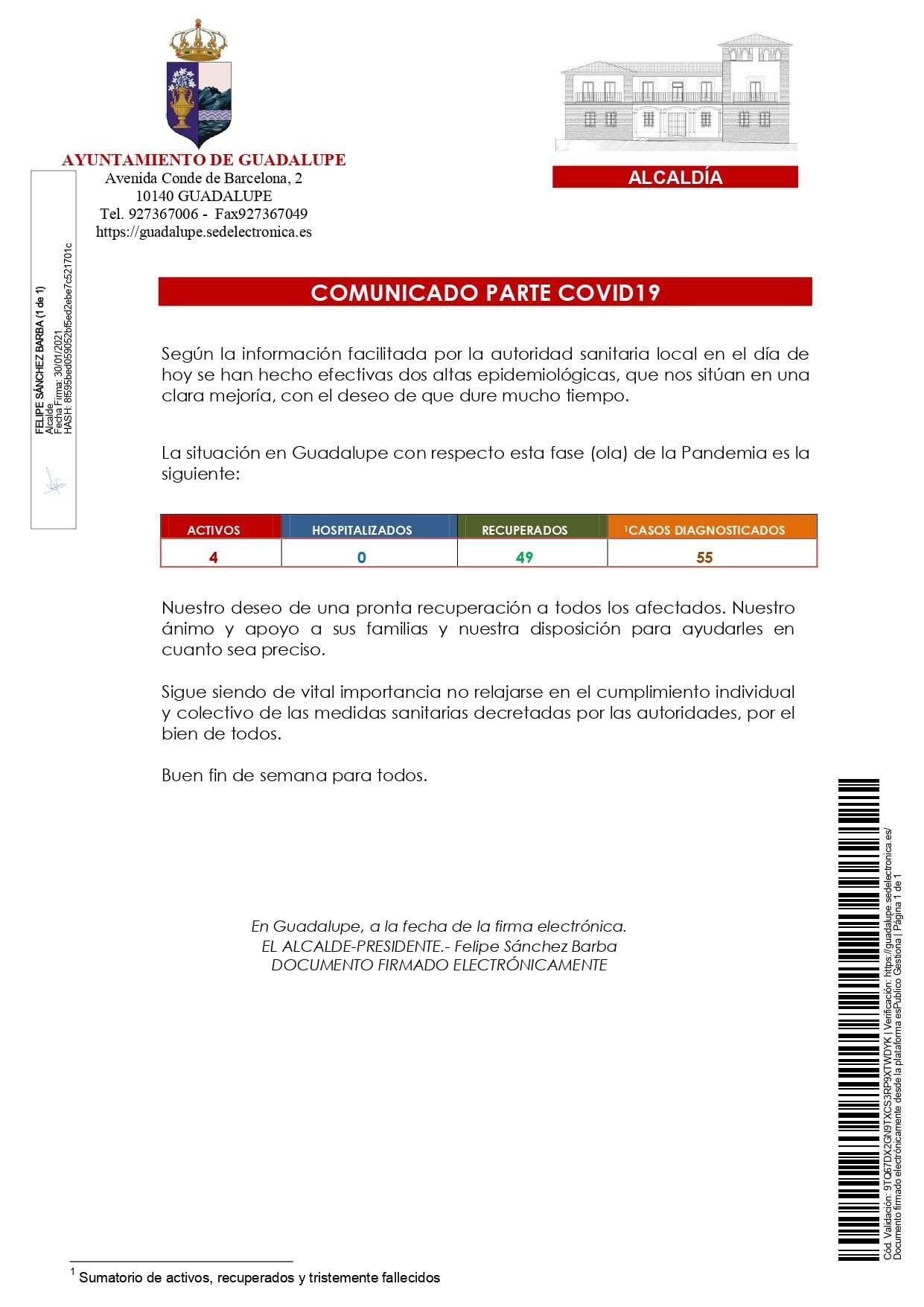 2 nuevas altas de COVID-19 (enero 2021) - Guadalupe (Cáceres)