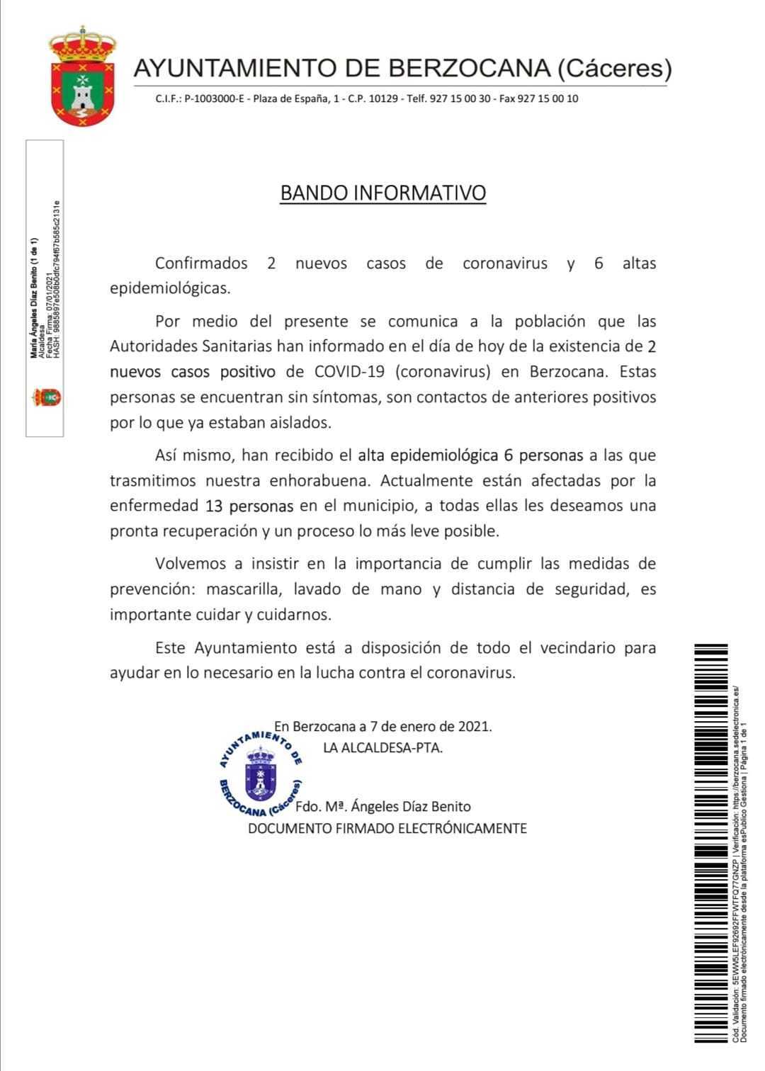 2 nuevos casos positivos de COVID-19 (enero 2021) - Berzocana (Cáceres)