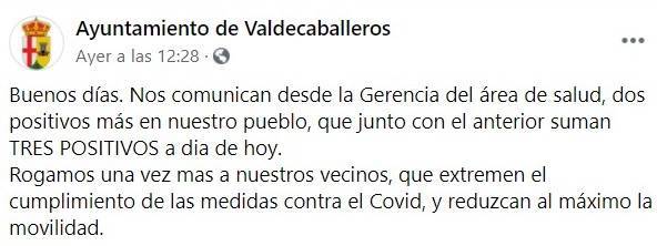 2 nuevos casos positivos de COVID-19 (enero 2021) - Valdecaballeros (Badajoz)