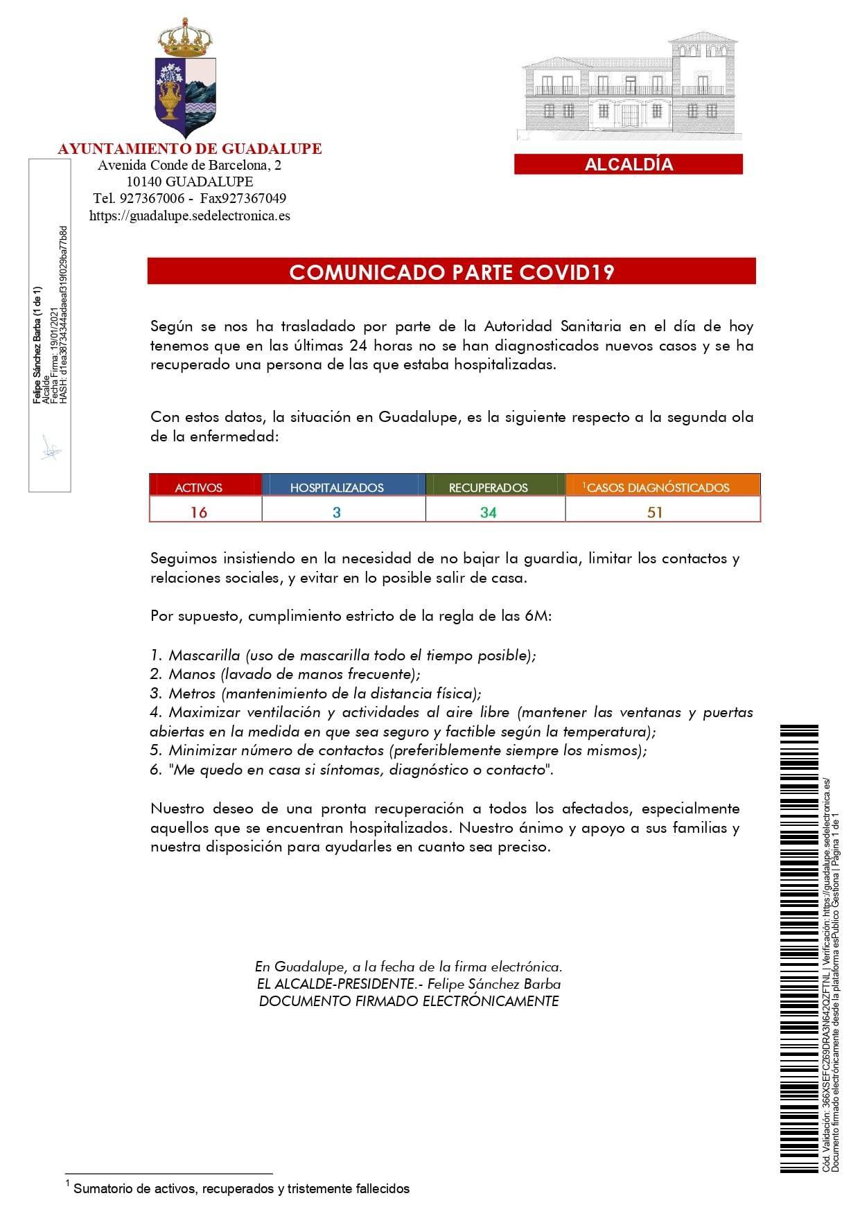 2 nuevos casos y 6 altas de COVID-19 (enero 2021) - Guadalupe (Cáceres) 1