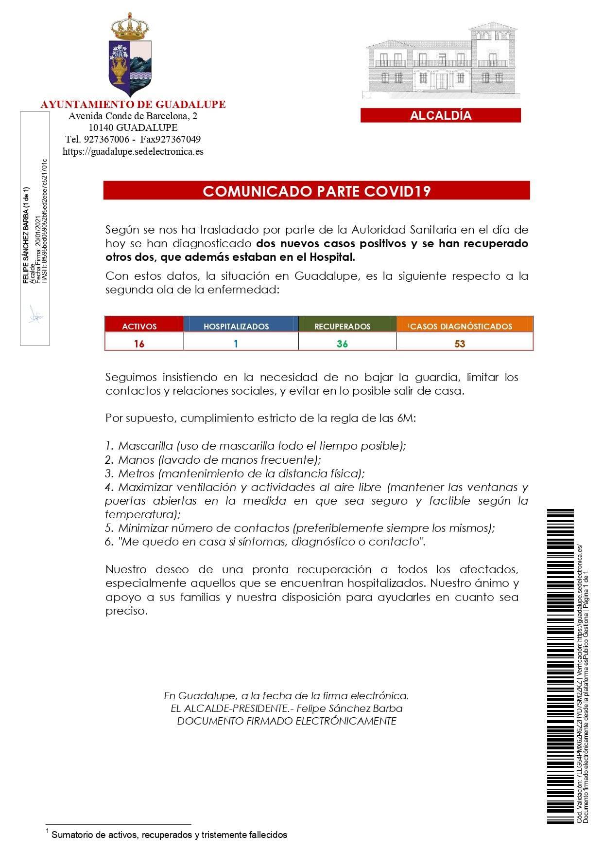 2 nuevos casos y 6 altas de COVID-19 (enero 2021) - Guadalupe (Cáceres) 2