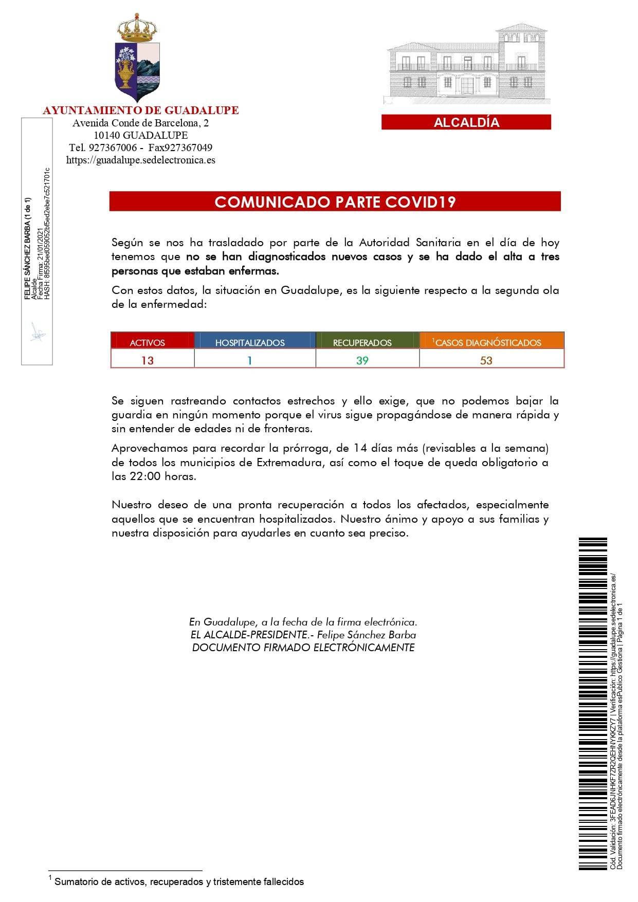 2 nuevos casos y 6 altas de COVID-19 (enero 2021) - Guadalupe (Cáceres) 3