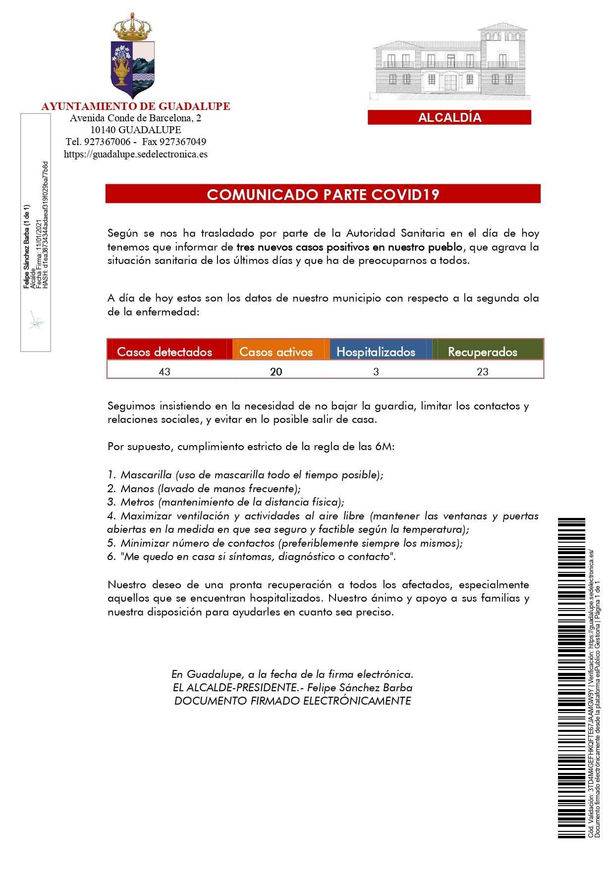 20 casos positivos activos de COVID-19 (enero 2021) - Guadalupe (Cáceres)