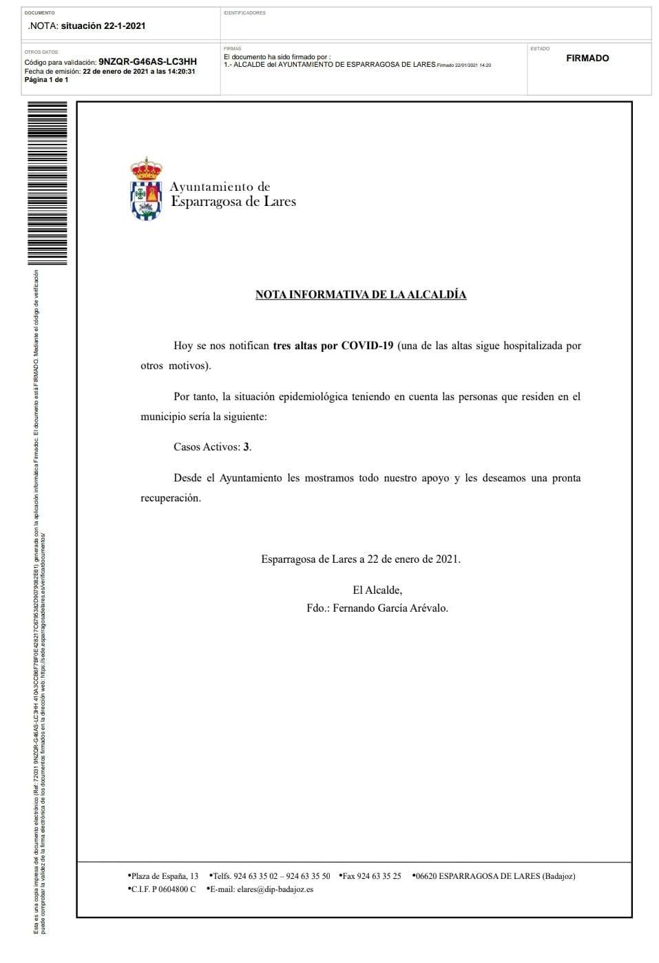 3 casos positivos activos de COVID-19 (enero 2021) - Esparragosa de Lares (Badajoz)