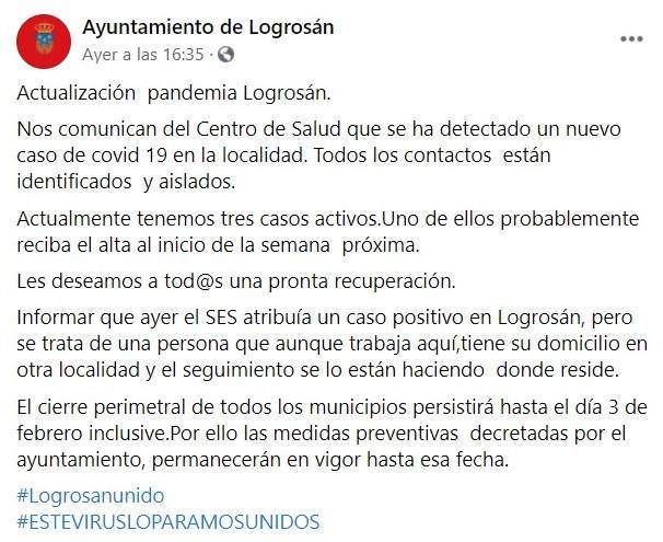 3 casos positivos activos de COVID-19 (enero 2021) - Logrosán (Cáceres)