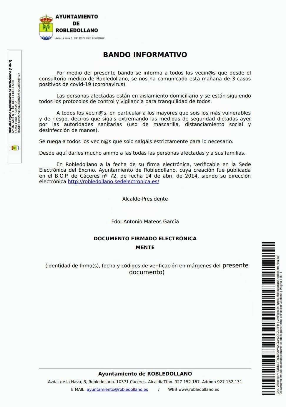 3 casos positivos de COVID-19 (enero 2021) - Robledollano (Cáceres)