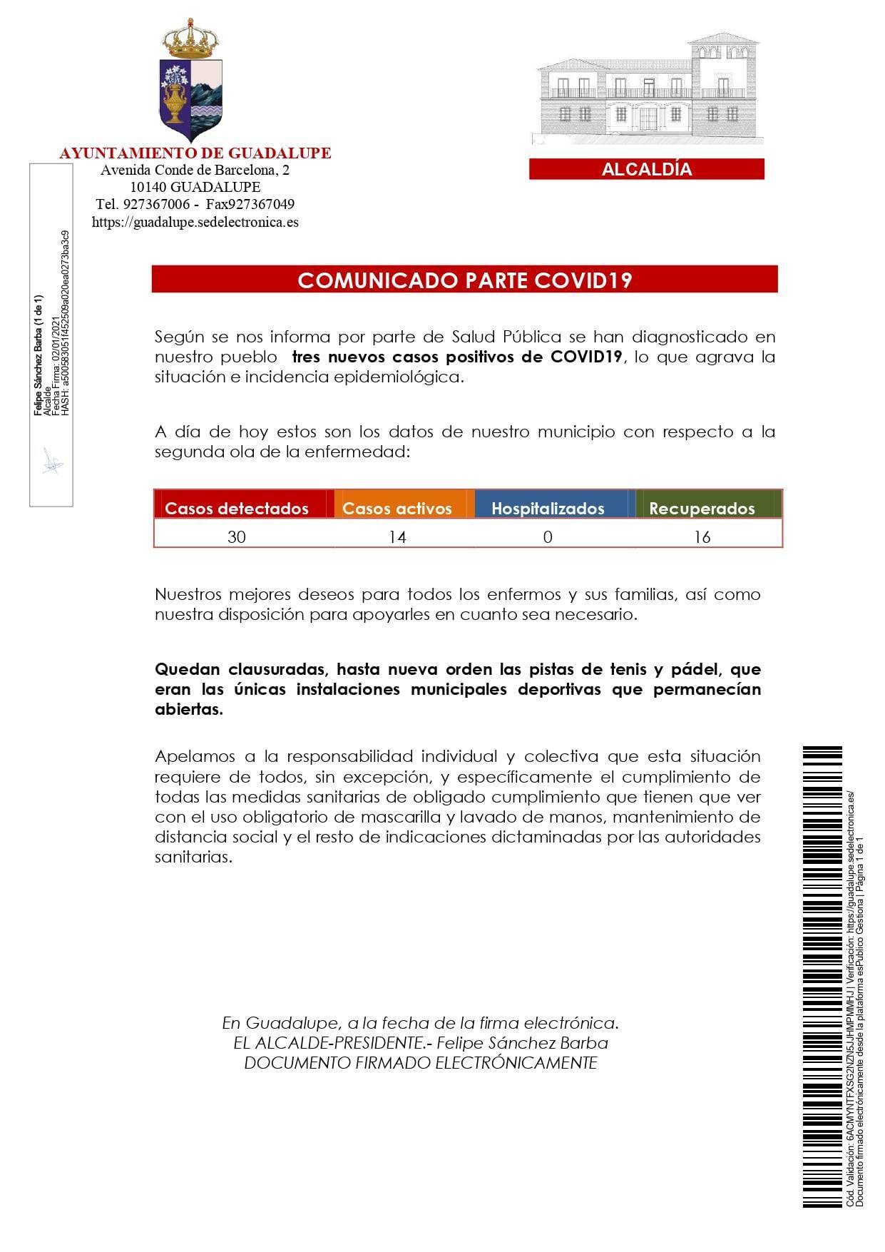 3 nuevos casos positivos de COVID-19 (enero 2021) - Guadalupe (Cáceres)