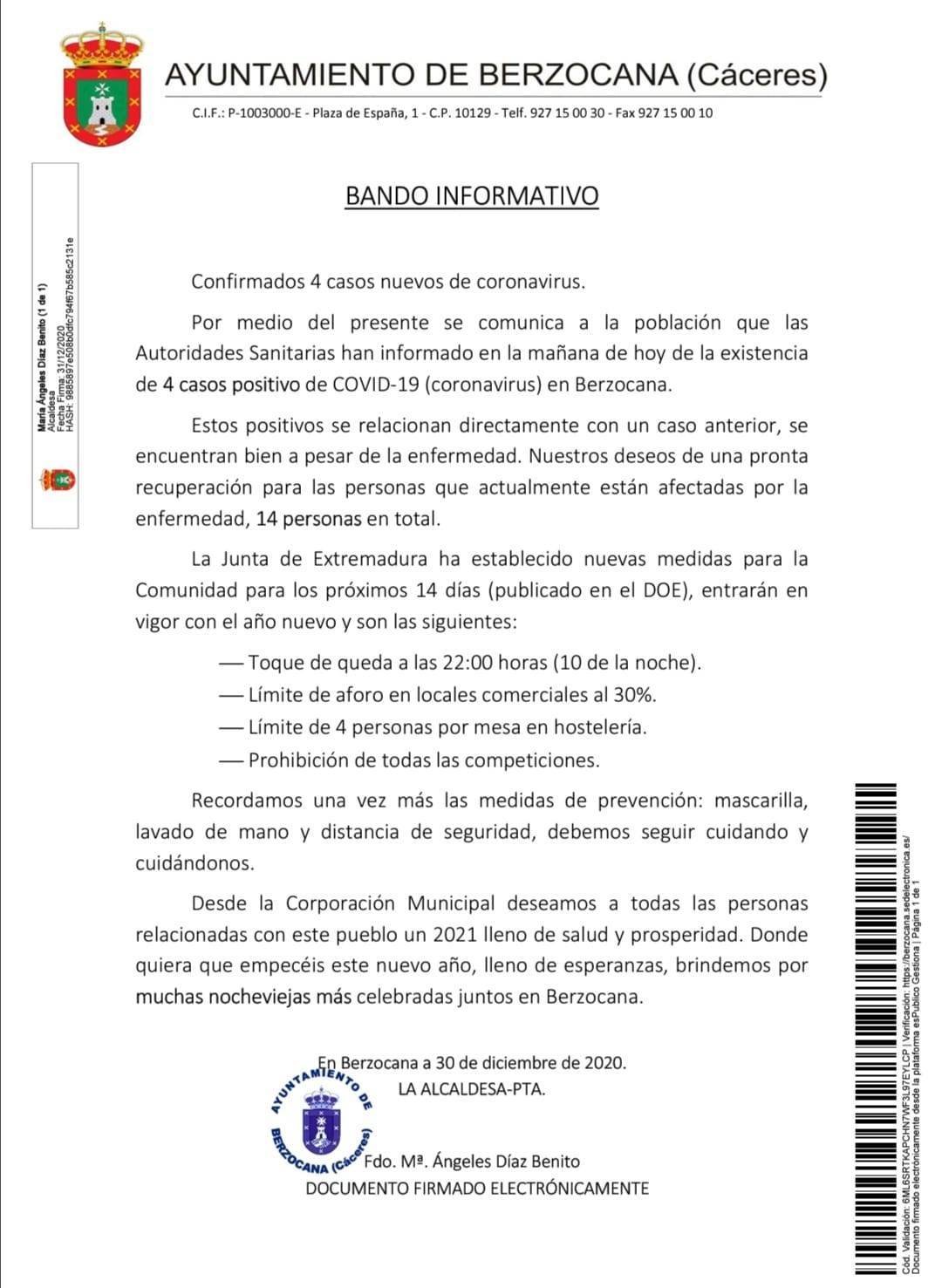 4 nuevos casos positivos de COVID-19 (diciembre 2020) - Berzocana (Cáceres)